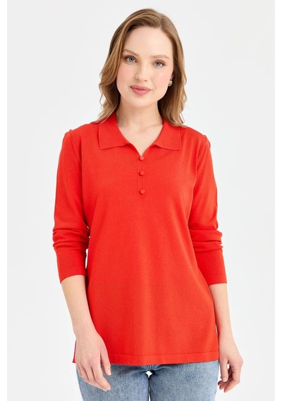 Desen Triko Kadın Polo Yaka İnce Triko Bluz 23355 Mercan MERCAN