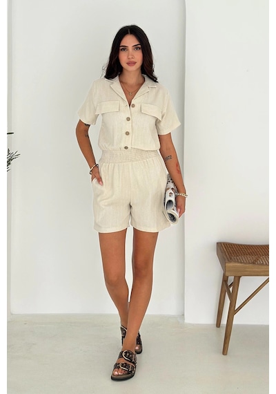 Asprin Fashion Beli Lastikli Şort Gömlek Takım Bej