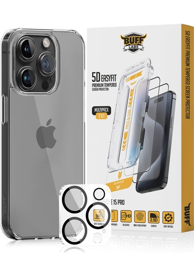 Buff Apple Uyumlu iPhone 15 Pro - Şeffaf Kılıf + Ekran Koruyucu + Lens Koruyucu Glass