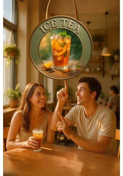 Ice Tea Temalı Kapı Süsü Tablosu, Soğuk Çay Konseptli Uv Baskılı Ferahlatıcı Cafe Büfe Duvar Dekoru