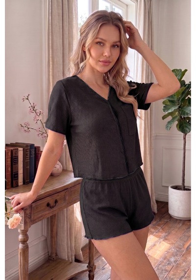 Bella Notte Siyah Kısa Kollu V Yaka Biye Detaylı Pijama Takımı
