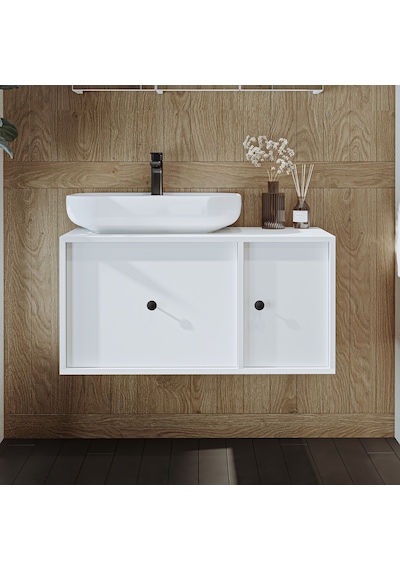 Gusto Ayaksız Oval Lavabolu Mdf 90 Cm Çekmeceli Banyo Dolap Beyaz Mat Beyaz