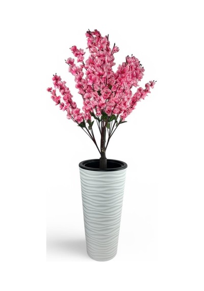 Yapay Ağaç Pembe Bahardalı Ağacı Beyaz Kumsal Vazoda 130cm Japon Kiraz Çiçeği