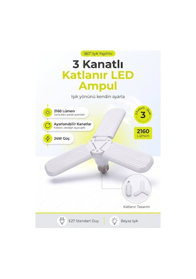 3 Kollu Katlanabilir Pervane Led Ampul E27 Duy Ayarlanabilir Tavan Lambası