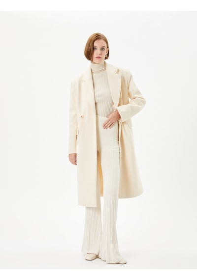 Koton Oversize Kaşe Kaban Kapaklı Cepli Düğmeli Ekru 4wak00106ew 4WAK00106EW010 Ekru