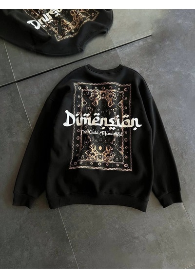 Assema Üç İplik Penye Bisiklet Yaka Baskılı Sweatshirt - Siyah Çok Renkli