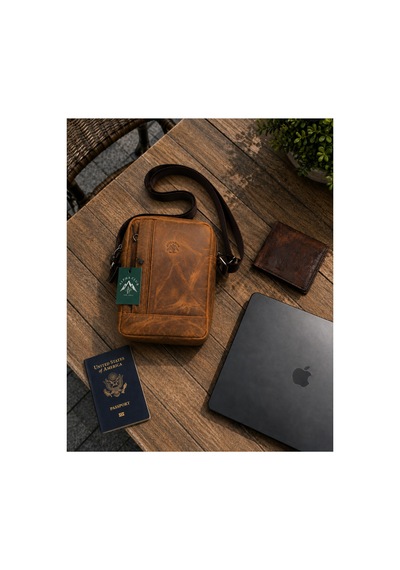 Alphaclub Bag Erkek Crazy Taba Hakiki Deri Postacı El Ve Omuz Çantası Orta Boy