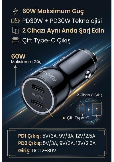 Bc01 Pd60w Dual Port Type-c Araç Şarj Cihazı 60w Max Süper Hızlı Şarj Adaptörü