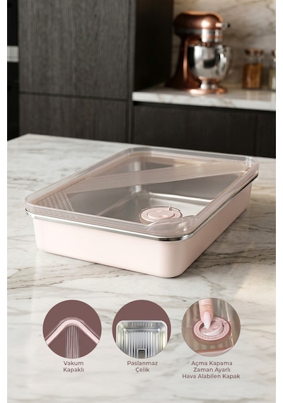 Stainless Paslanmaz Çelik Vakumlu Saklama Kabı,fırın Ve Kek Kabı 3 Lt Yemek Kabı Sefer Tası Pembe