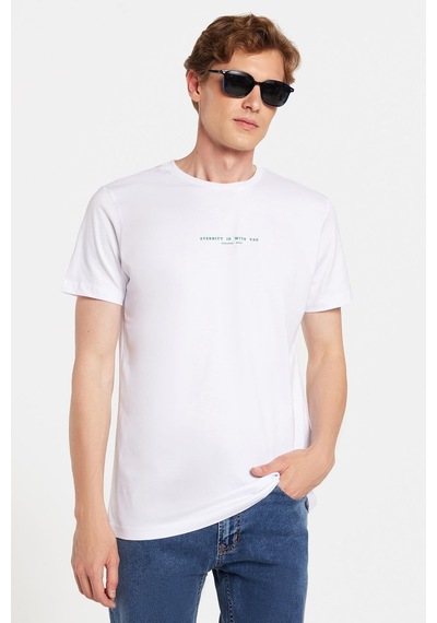 Tudors Erkek Slim Fit Dar Kesim %100 Pamuk Yumuşak Dokulu Baskılı Beyaz Bisiklet Yaka Tişört-33176 Beyaz