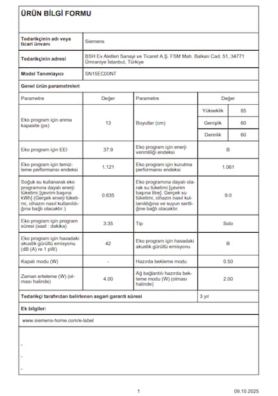 Siemens SN15EC00NT 6 Programlı 13 Kişilik Bulaşık Makinesi