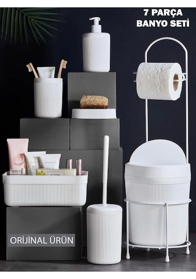 7 Parça Banyo Seti Çöp Kovalı Tuvalet Kağıtlığı Ve Fırçası - Kozmetik Kutusu - Diş Fırçalık - Katı Ve Sıvı Sabunluklar Beyaz