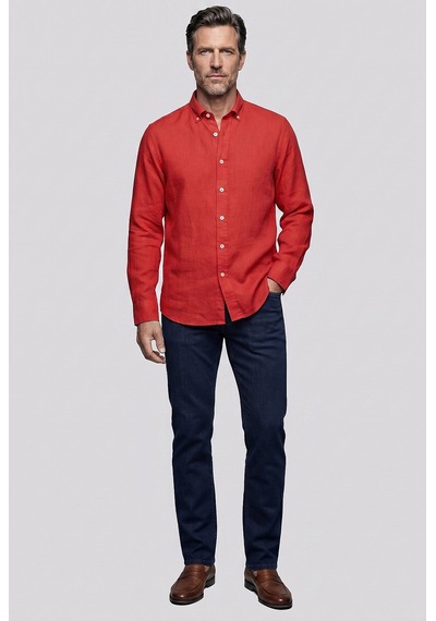 Bisse Kırmızı Regular Fit Keten Cepsiz Düğmeli Paşa Yaka Sedef Gömlek Gmktn250011 D24