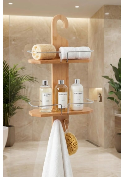 Makri Home Bambu Banyo Düzenleyici Organizer Banyo Köşeliği, Şampuanlık Bej
