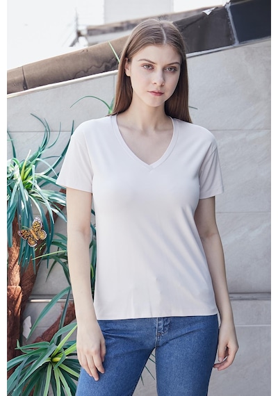 Jument Kadın V Yaka Kısa Kol Likralı Span Kumaş Şık T-shirt Bluz-şampanya Şampanya