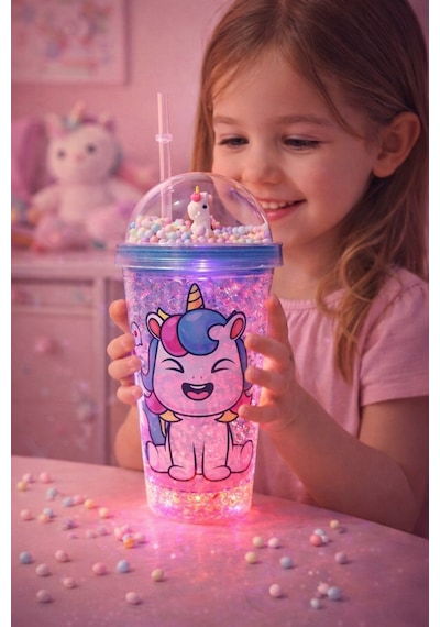 Renkli Boncuklu Sevimli Unicorn Tasarımlı 450 Ml Led Işıklı Pipetli İçecek Bardağı Suluk Mavi 2646