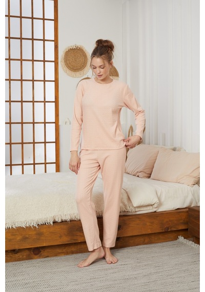 Siyah İnci Şardonlu Kışlık Örme Pijama Takım25226002 Somon