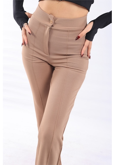 Nevege Butik Kadın Krep Kumaş Likralı Ön Çimalı Yüksek Bel Palazzo Pantolon-camel Camel