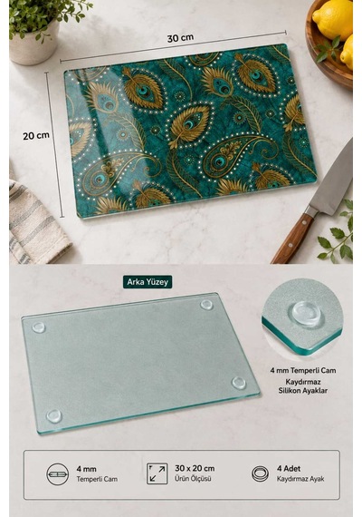 Gökçeoğlu Cam Kesme Tahtası Tavus Kuşu Temalı - Cam Kesme Tablası 20cm X 30cm Çok Renkli