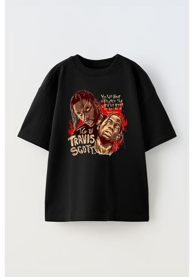 Thewert Unisex Travıs Scott You Will Never Tasarım Baskılı Pamuk Sıyah Oversize T-shirt Siyah