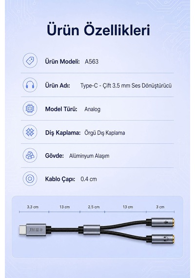 Type-c - Çift 3.5mm Kulaklık Mikrofon Dönüştürücü, Ses Ayırıcı Adaptör, Type-c Telefon Tablet Bilgisayar Uyumlu, Mikrofon Ve Kulaklık İçin Tak Çalıştır Aux Çevirici A563c