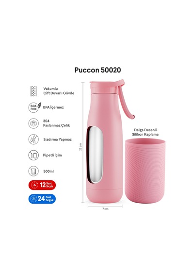 Puccon Pembe 500 Ml Paslanmaz Çelik Termos - Silikon Kaplı Dalga Okul, Günlük, Kamp - 50020