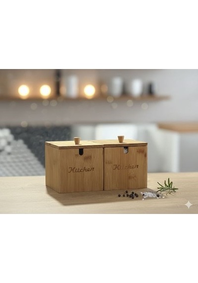 Qerhome 2'li Bambu Kapaklı Ve Kaşıklı Şekerlik - Tuzluk - Baharatlık Veya Baharat Kabı 12 Cm 12 Cm Bambu