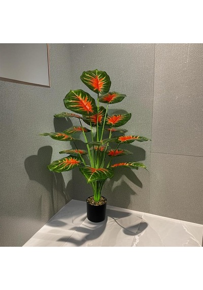 Yapay Çiçek Saksıda Tropik Kızıl Caladium 18 Dal 70 Cm Salon Çiçeği Yapay Bitki
