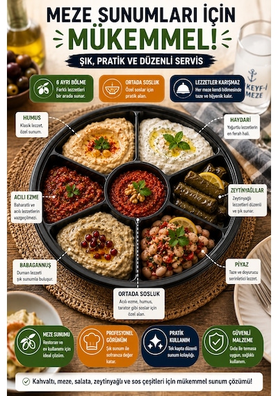 7 Bölmeli Kahvaltı Meze Kabı Kapaklı 26 Cm Tek Kullanımlık Salata Sunum Ve Paket Servis Kabı Seti Siyah