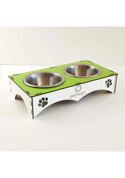 Petmagic 2'li Mama Kabı İkili Ahşap - Çelik Kap Yeşil Beyaz