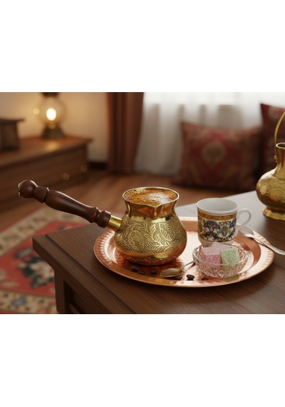 Pirinç El Yapımı Dekoratif Özel İşlemeli Ahşap Saplı Sarı 250ml Cezve No2
