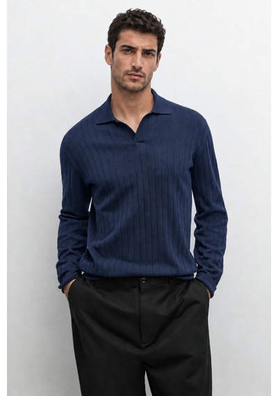 Danger Erkek Polo Yaka Fitilli Triko Kazak Lacivert
