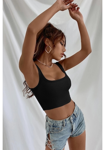 Kapsulavm Kadın Siyah Kalın Askılı Crop Top Büstiyer