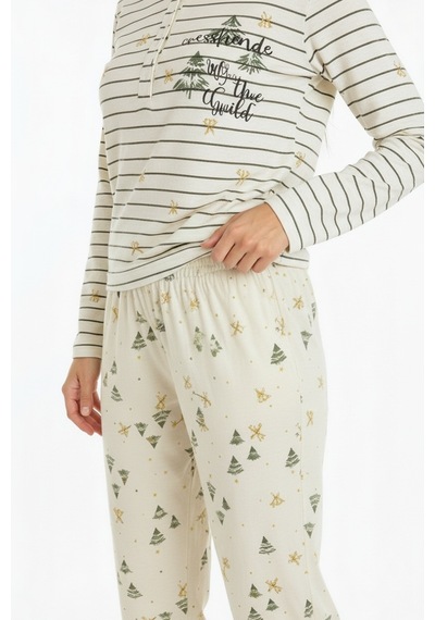 Üstü Yazılı Altı Çam Ağacı Desenli Elite Viscose Pijama Takımı Uzun Ekru 3568 Bej
