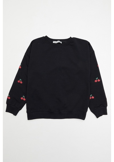 Kolları Kiraz Nakışlı Kız Çocuk Sweatshirt 26kcck7336132979-siyah Siyah