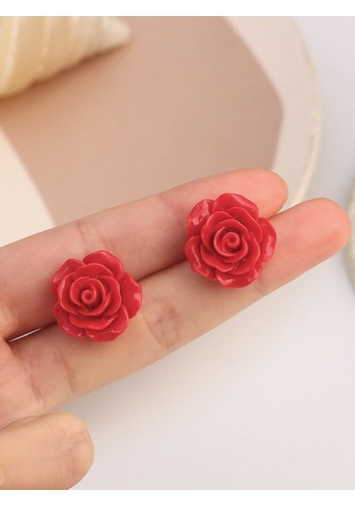 Kırmızı Gül Model Kadın Gümüş Küpe 8 Mm