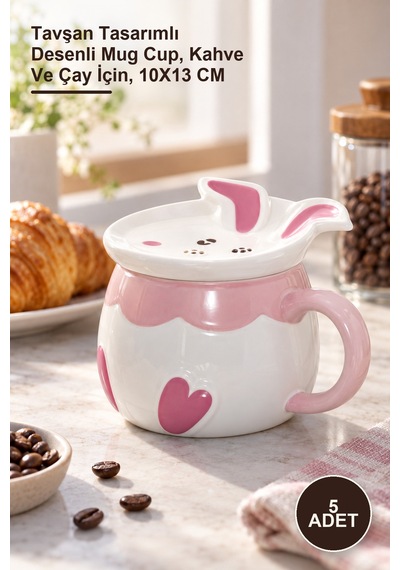 5 Adet Porselen Kupa Bardak Tavşan Tasarımlı Desenli Mug Cup, Kahve Ve Çay İçin, 10x13 Cm 1