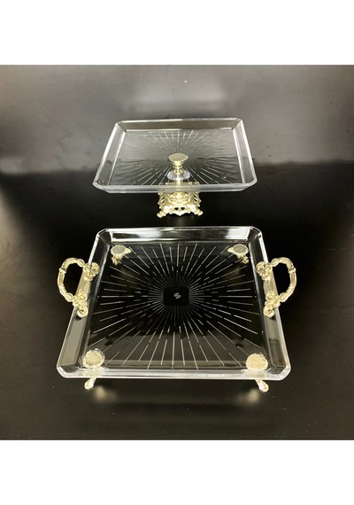 Elta Collection 2 Li Paşabahçe Kristal Gümüş Metal Ayaklı Yaldızlı Kare Pasta Sunumluk Kurabiyelik Gümüş