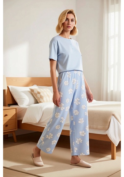 Benerly Kadın Bisiklet Yaka Kısa Kollu Regular Kalıp Çiçekli Pijama Takım mavi