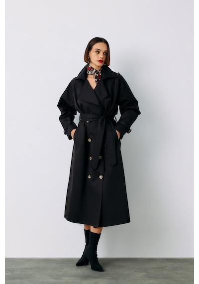 Sateen Kuşaklı Uzun Trenç - Siyah-135230 Siyah