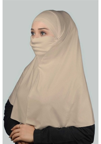 Altobeh Hazır Türban Peçeli Pratik Eşarp Tesettür Nikaplı Hijab - Namaz Örtüsü Sufle (XL) -Kum Beji