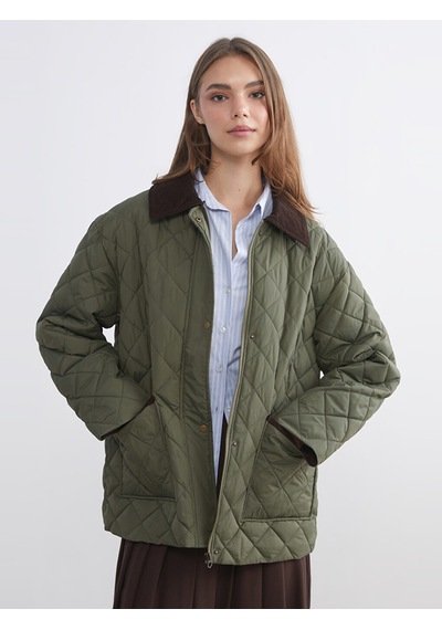 Lcw Modest Haki Kadife Gömlek Yaka Oversize Kadın Şişme Mont