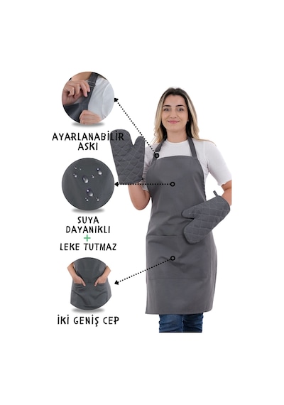 Simple 3lü Set Ayar Askılı Cepli Mutfak Önlüğü Seti 2 Eldiven Şef Garson Kafe Aşçı Barista Füme