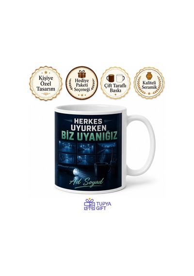 Güvenlik Görevlisi Gece Nöbeti Kamera Ekranı Gözlem Turu Kahvesi Kupa Hediye Beyaz / Çok Renkli