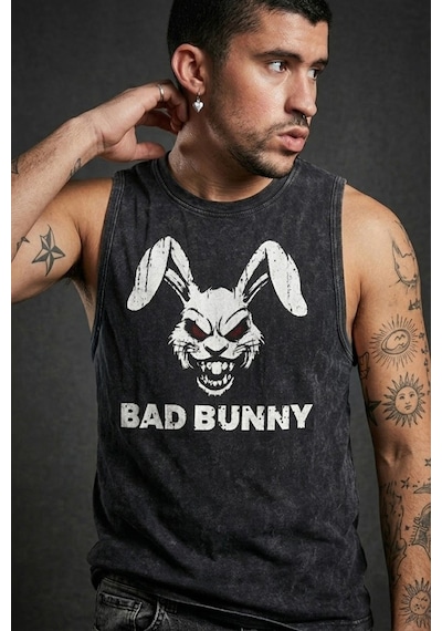 Technomonkey Siyah Erkek Pamuklu Antrenman Sporcu Atleti Oversize Yıkamalı Bad Bunny Baskılı Kolsuz T-shirt