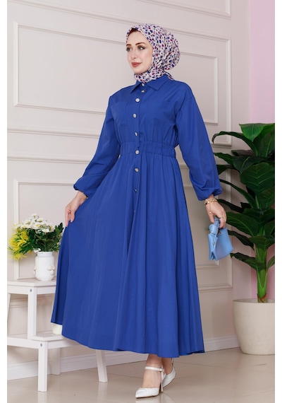 Sevitli Beli Lastik Detaylı Yasemin Elbise-saks Mavi-4816 Saks Mavi