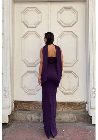 DefyModa Kadın Scuba Esnek Kumaş Straplez Balık Kesim Abiye Elbise Mor
