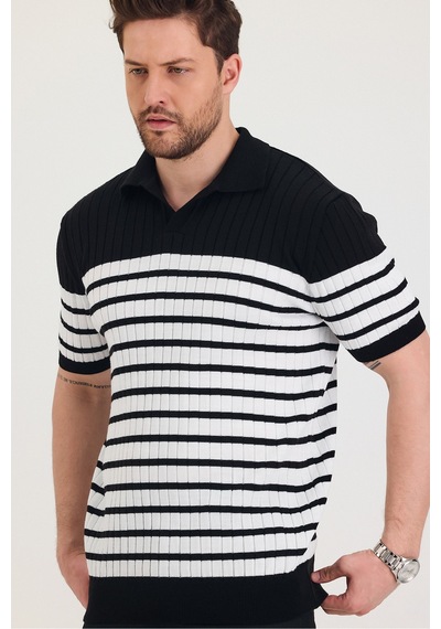 Cool Tarz Erkek Polo Yaka Beyaz Çizgi Detaylı Siyah Triko T-shirt Siyah Siyah
