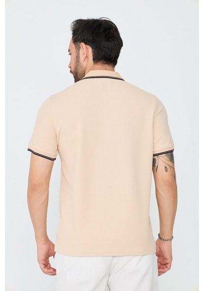 Bej Fermuarlı Erkek Polo Yaka Tişört