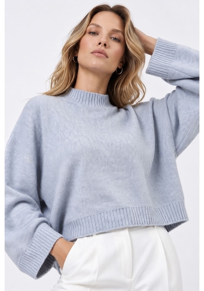 Neden Tekstil Kadın Premium Yarasa Geniş Kol Crop Triko Kazak - Mavi